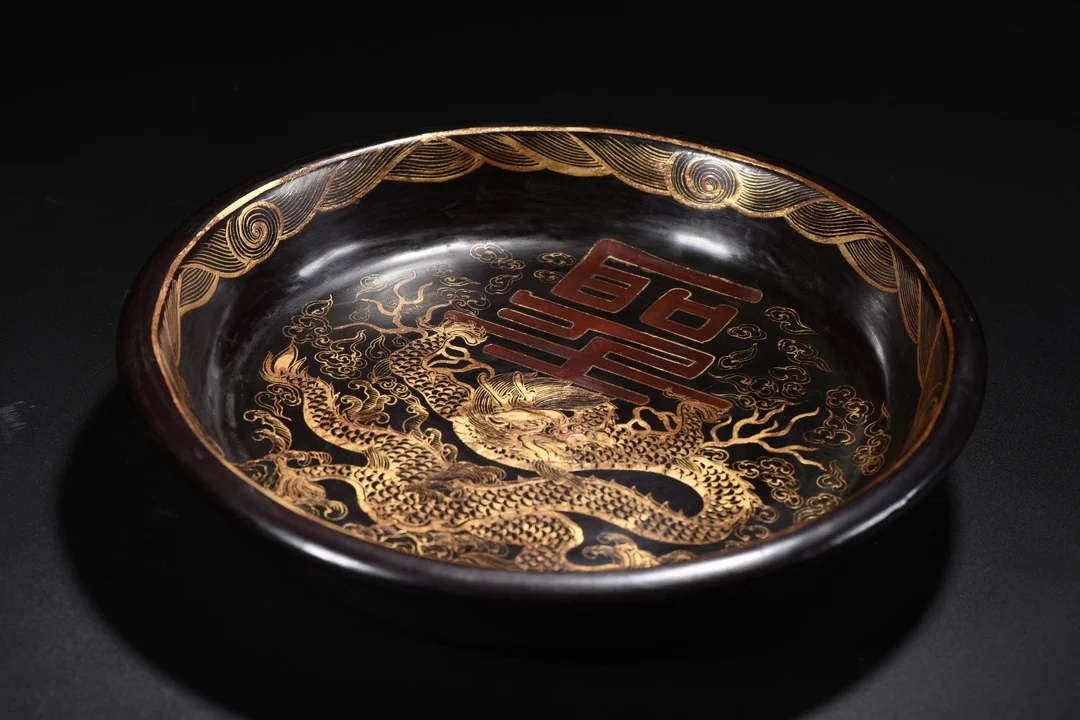 Old Wood lacquerware Outline in gold High Relief floral pattern Dragon patterned plate Reward Plate Amass wealth Ornaments