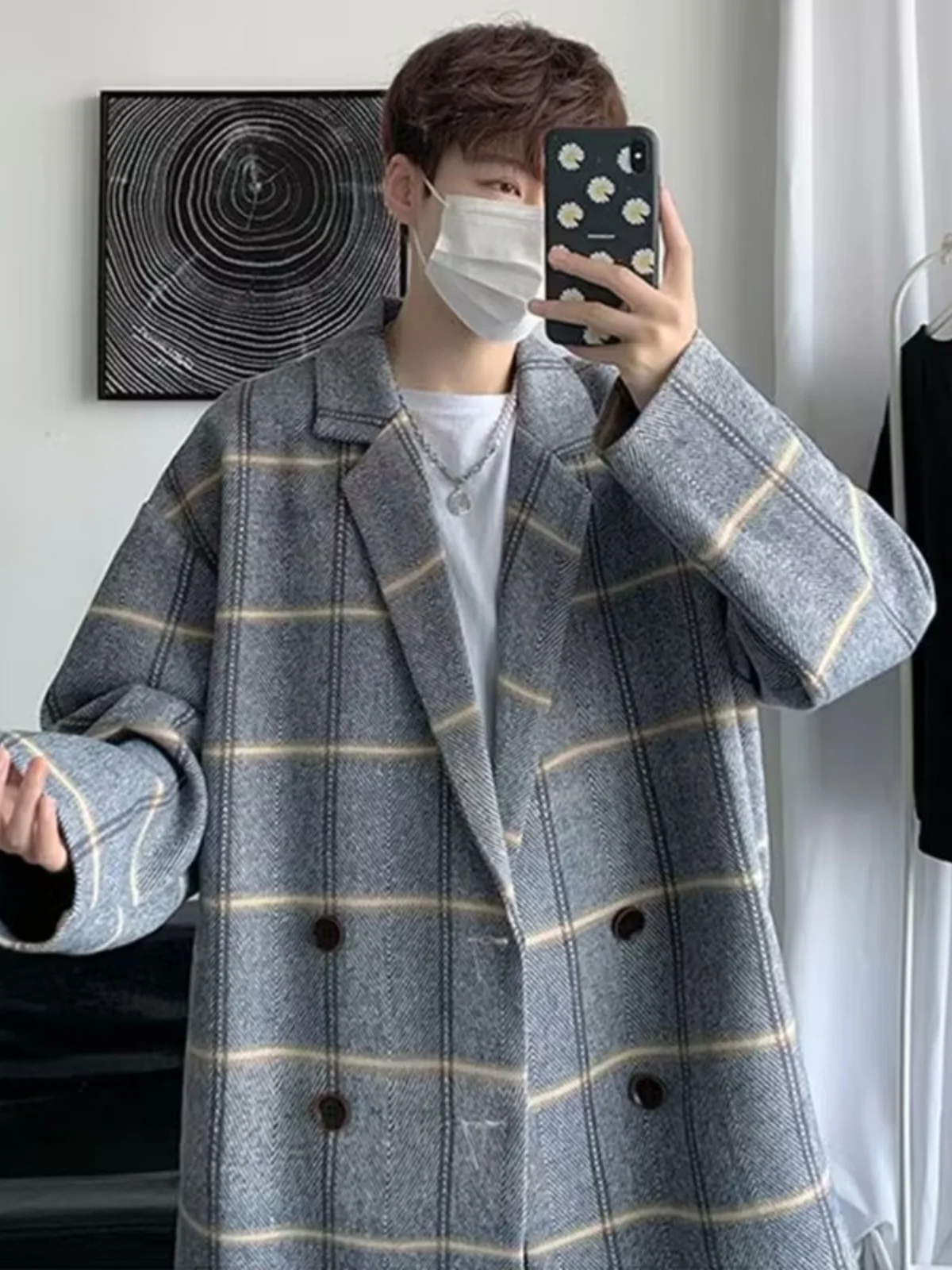 

Autumn Winter Thiened Medium Length Plaid Woolen Men's Coat Briti Sle Oversize Retro Double Buttoned Windbreaker