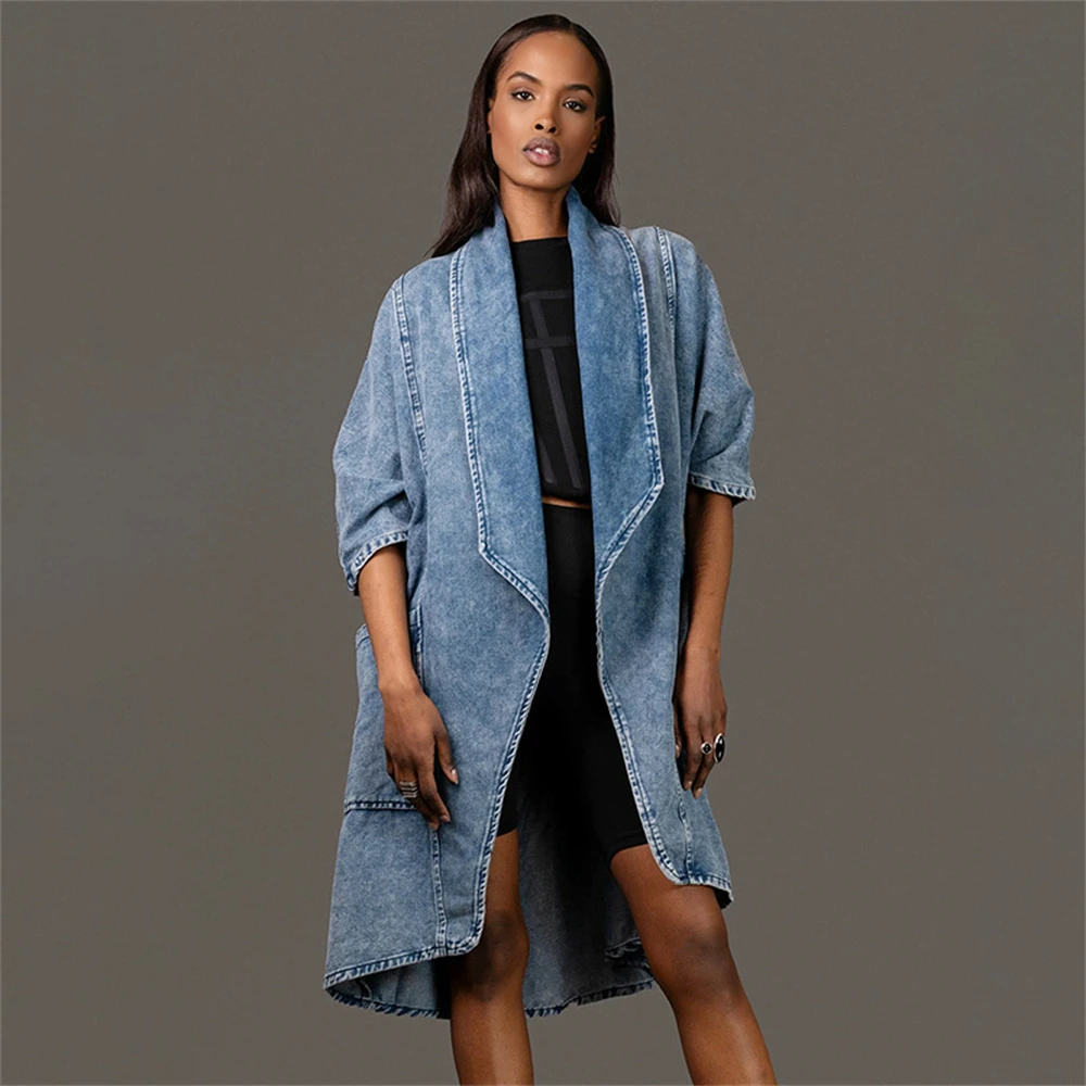 

Long Jean Jacket Women Three Quarter Sleeves 2024 Autumn New High High Quality Oversize Coat Fashionable Street Wear