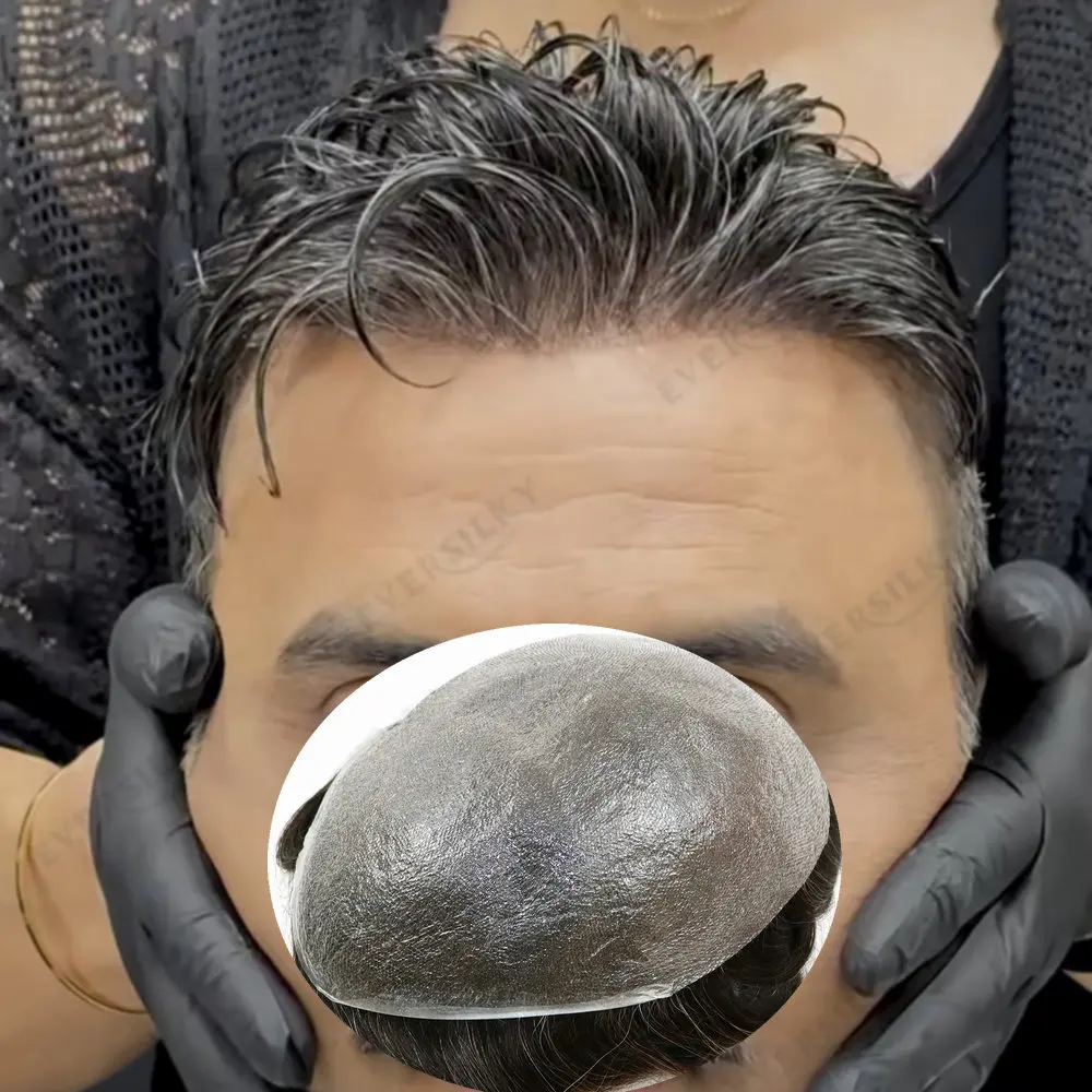 

Ultra Thin Light Weight 0.02mm 80Density Grey Men's Toupee with Natural Hairline Invisible V Loop Thin Skin Human Hair Prothesis