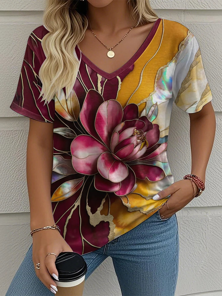 Flower Women's V-neck T-shirt Summer Outdoor Casual Short Sleeve Tops Fashion 3D Printing Trendy OverSize Women's Clothing view 5