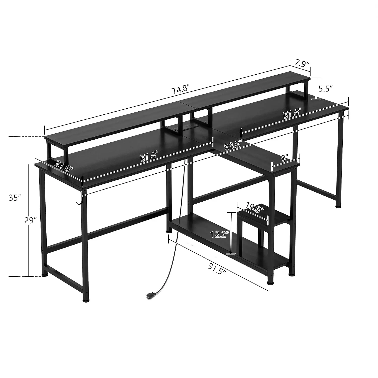 Two Person Desk with LED Light, 83.7 Inch Double Desk with Monitor Stand & Power, Rustic Table with Shelves, Customized