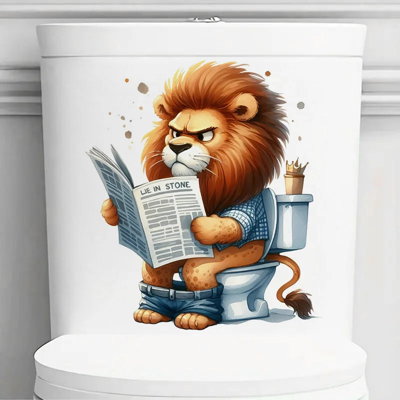 

Lion Sitting on the Toilet Reading a Newspaper Sticker, Toilet Lid Decal, Apply for Wall, Bathroom, Cabinet, Door,Toilet