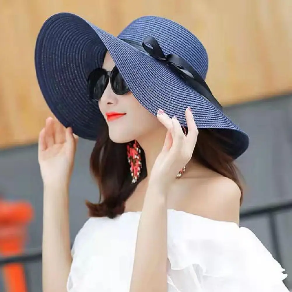 Women Beach Sun Visor Large Brim Floppy Straw Hat Summer Bow Cap Casual Summer Sun Hats Foldable UV Protection Beach Straw Hats