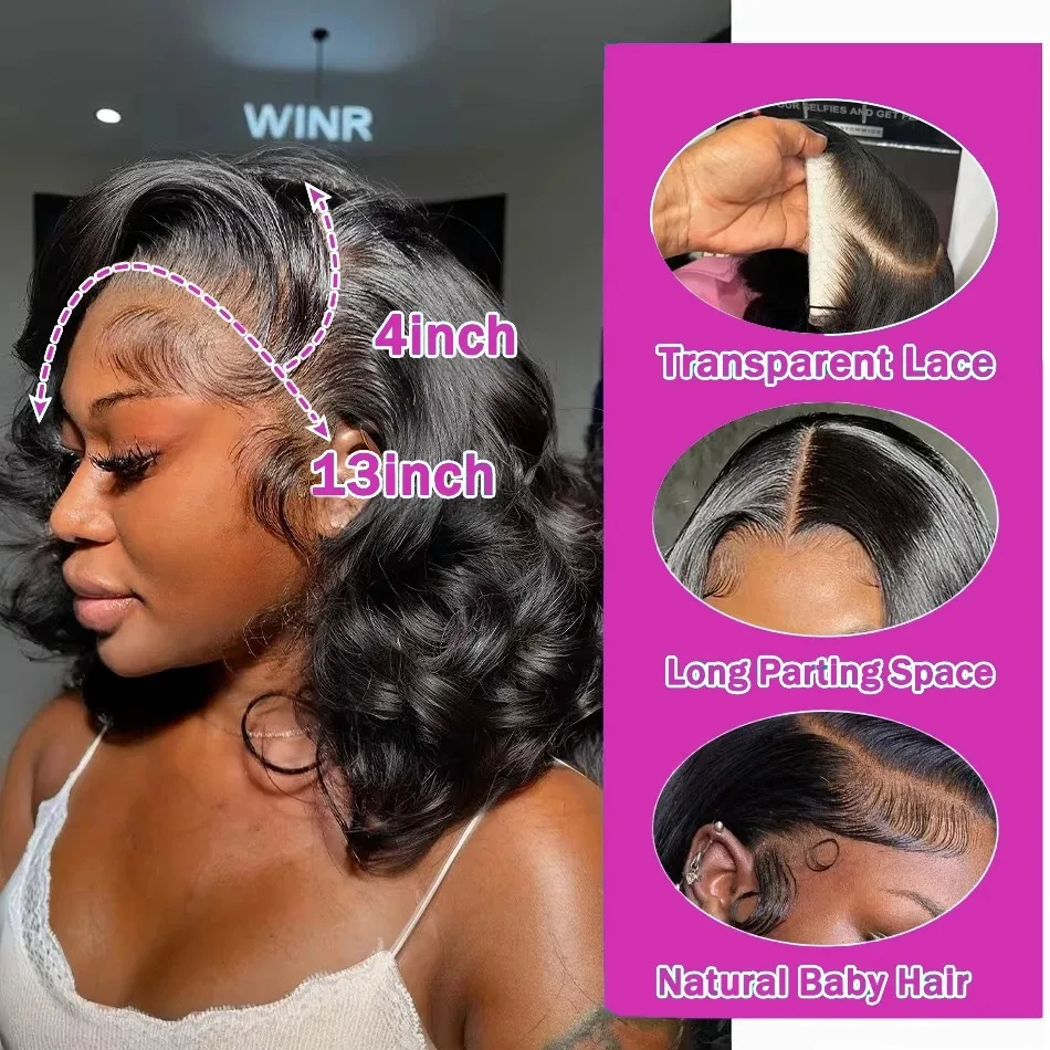 Mossily Braziliaanse Remy Body Wave Korte Bob Pruik 13x4 HD Transparant Kant Voor Menselijk Haar Pruiken Losse Golf voor Vrouwen Pre Geplukt