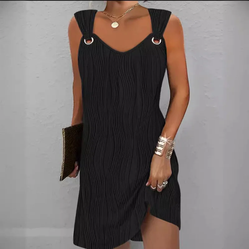 

New Spring and Summer Temperament Commute Simple Solid Color Metal BuckleVCollar Sleeveless Dress