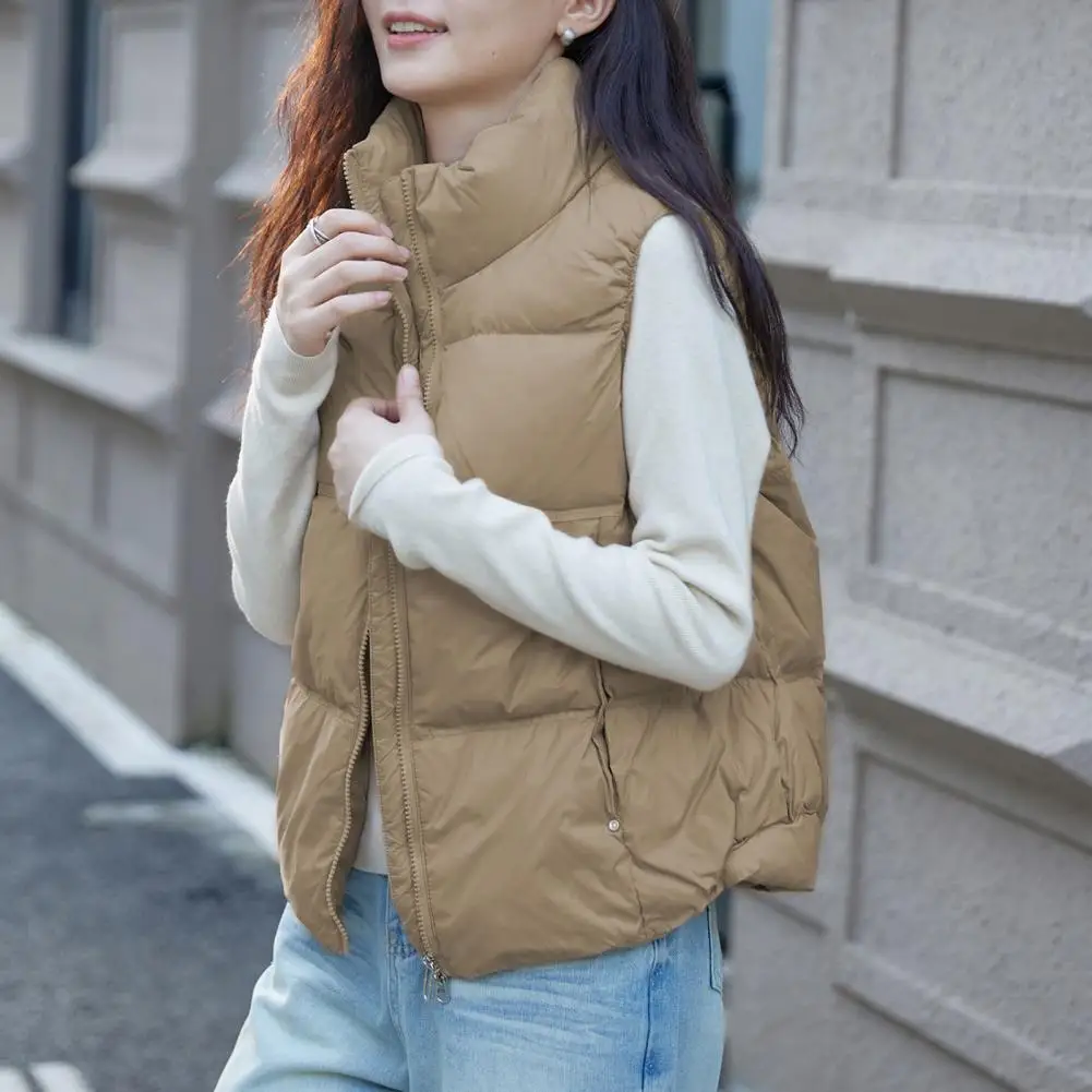 Inverno quente colete zip up outerwear com bolsos outerwear feminino puffer colete casual sem mangas gola para baixo jaqueta senhoras