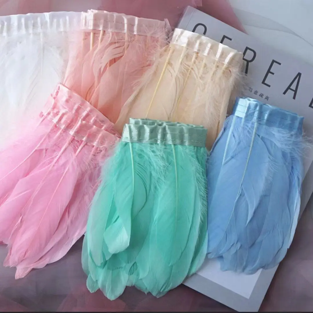 1 Yard Natural Goose Feathers Fringe Trimming Leather Pink White Plumes Ribbon For Wedding Decoration DIY jujuhat Crafts