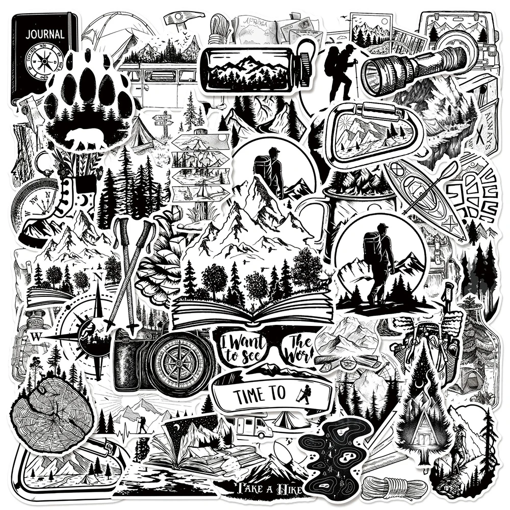 10/30/50 Stück Coole Cartoon-Wander- und Bergsteiger-Aufkleber Schwarz-Weiß Outdoor-Camping-Sticker für Laptop, Handy, Gepäck, Fahrrad