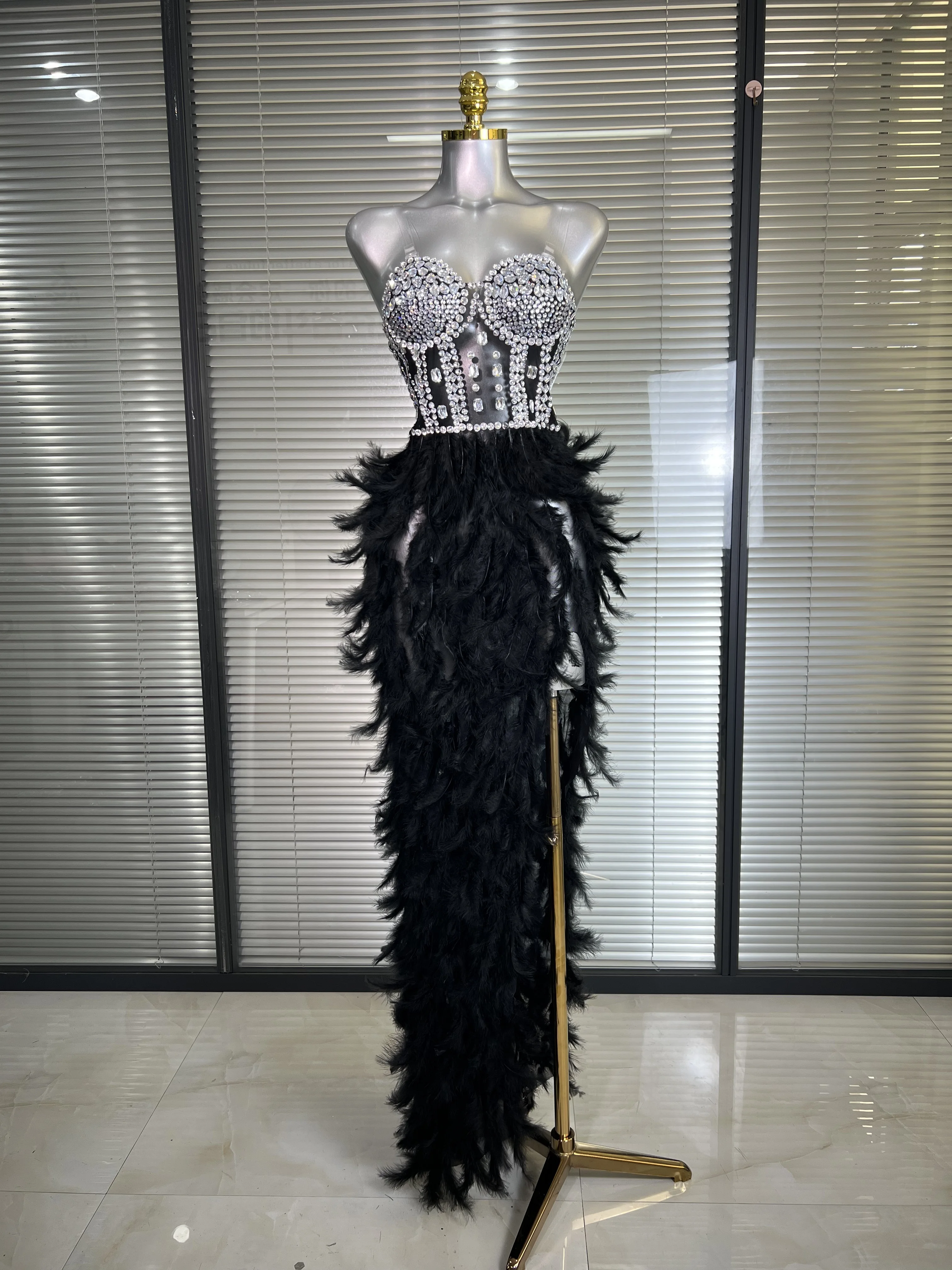 New Women Sexy Mesh Stretched Split Feathers Performance Costume Stage Black Nude High Stretchy Night Club Party Maxi Dress