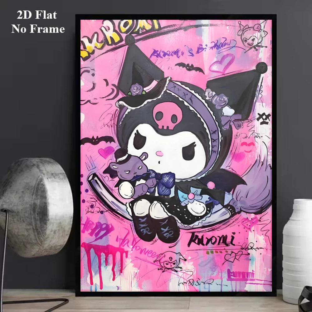 2D Flat, 1pc Unframed 2D Flat Vibrant Cute Sanrio Poster and Print Cartoon Kuromi Canvas Painting Abstract Graffiti Wall Art