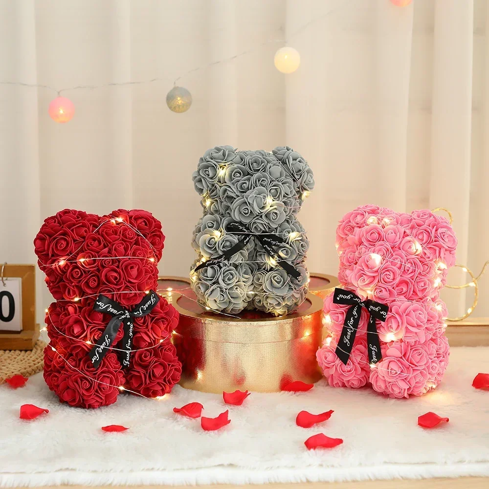 Valentijnsdag Kunstmatige Teddy Rose Bloem Beer met Doos Romantisch Cadeau Vriendin Vrouwen Moeder Verjaardag Bruiloft Deco 25cm