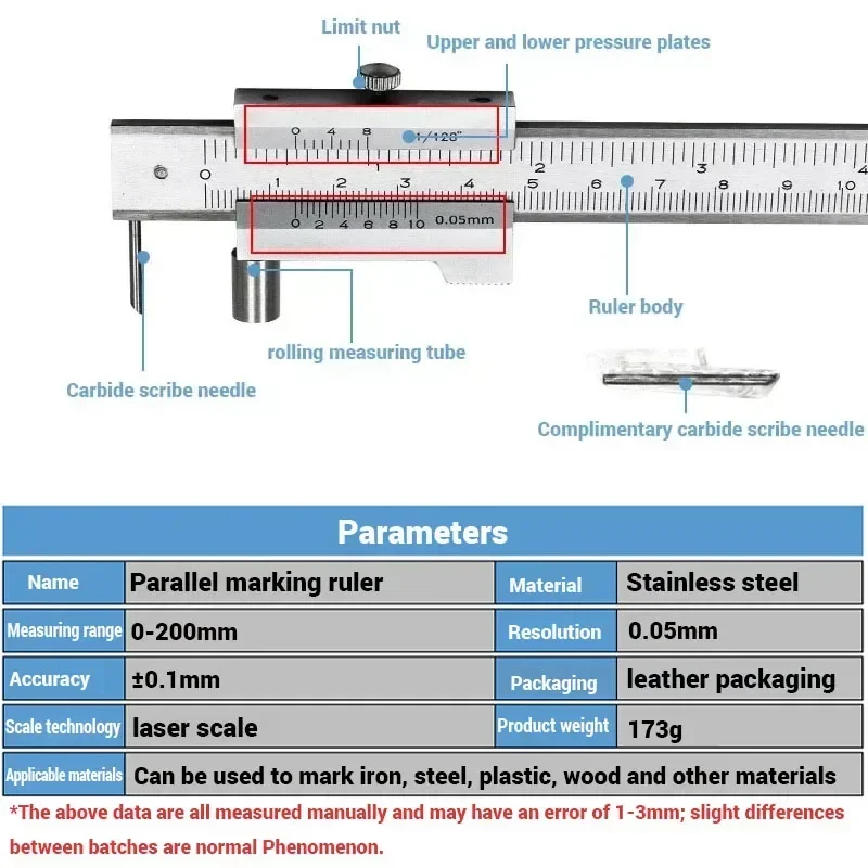 0-200mm Marking Vernier Caliper with Carbide Needle Scriber Parallel Crossed  Marking Gauge Measuring Ruler Measuring Tool