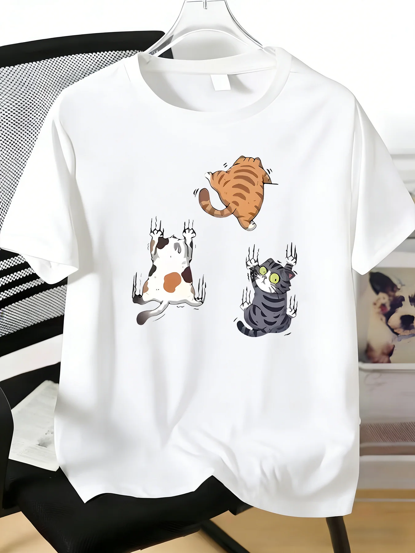 Fashion Mens Short Sleeve Crew Neck Tee Funny Hanging Cats Cartoon Animal Print Soft Cotton Daily Street Casual Male Basic Tops