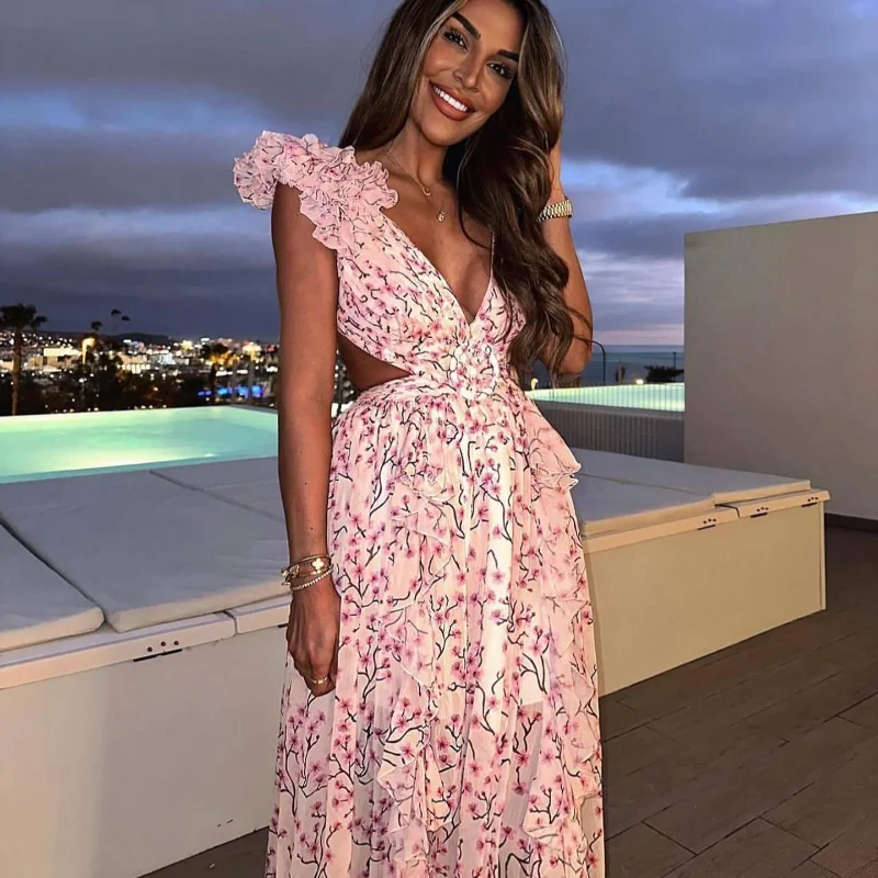 

Print Floral Hollowed Out Slim Fit V-neck Ruffle Dress Sleeveless Backless Robes 2025 Fashion Women's Evening Maxi Gown