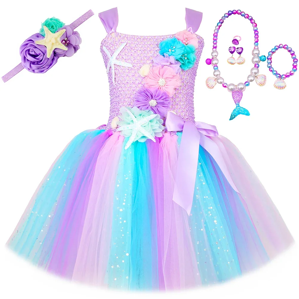 Princess Mermaid Dress for Girls Pastel Flowers Birthday Party Tutu Dresses Halloween Little Mermaid Costume for Kids Clothes