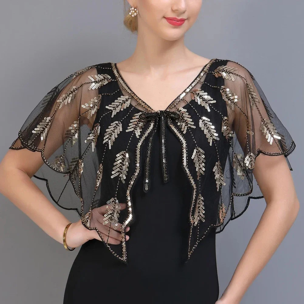 

New Women Retro 1920s Mesh Covering Transparent Embroidery Beaded Sequin Shawl Sheer Leaf Bolero Party Wedding Women's Shawl