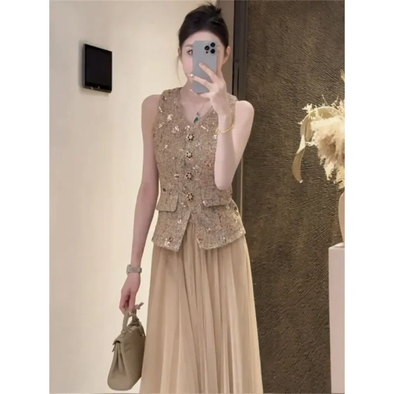 New Summer French Women's Two Piece Set Fashion Sequined Sleeveless Slim Vest Top + Mesh A-line Midi Skirt Small Fragrance Suit