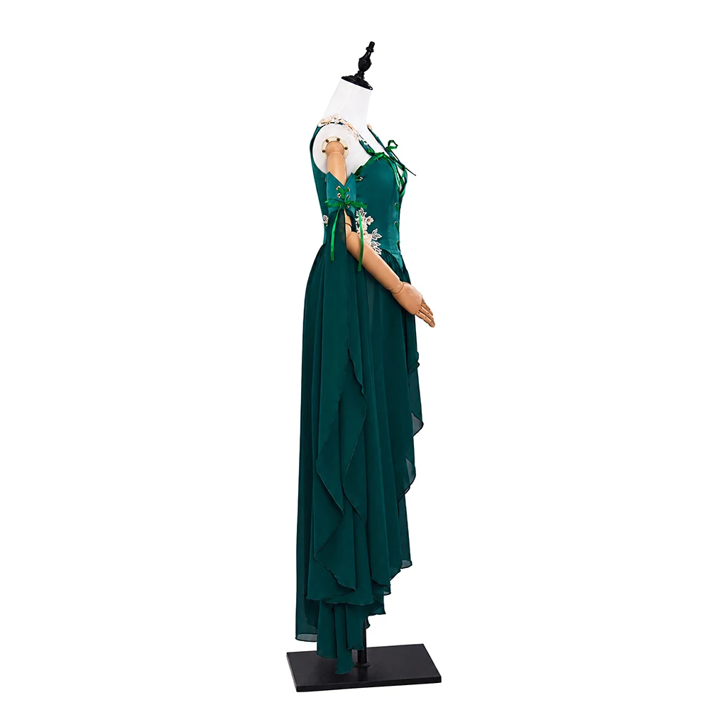 Women's Medieval Renaissance Costume Fairy Elf Green Dress with Sleeves Vintage Forest Fairy Corset Gown for Halloween view 4