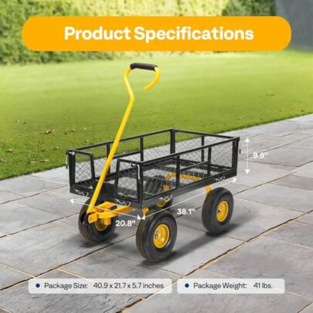 Heavy Duty 880 LBS Capacity Mesh Steel Utility Cart Wagon with Removable 2-in-1 Side Panels, 10 Inch All-Terrain Pneumatic Tires, 180 Degree Adjustable Pull Handle for Garden Yard Farm Camping