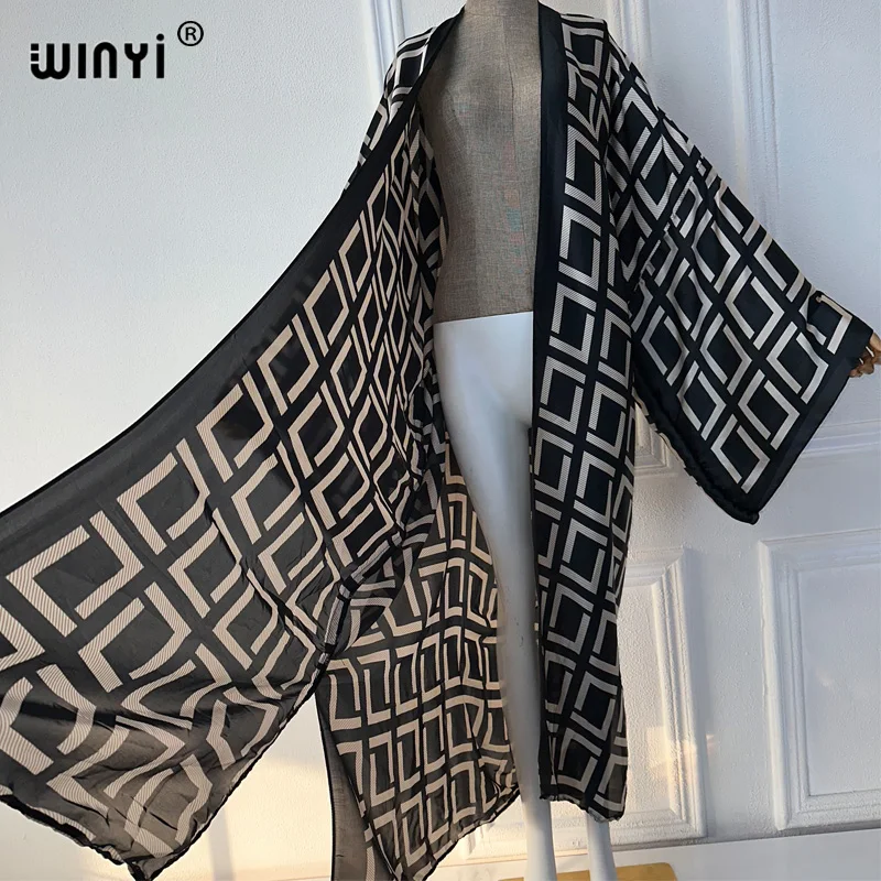 Winyi Zomer Outfit Kimono Afrika Geometrische Print Strand Cover Up Maxi Jurk Vesten Strandkleding Vrouwen 2024 Abaya Dubai Luxe