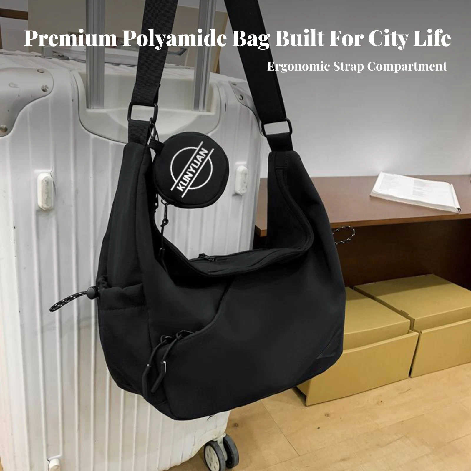 Nylon Crossbody Bag with Pendant Pocket Ultra-Lightweight Streetwear Sling Bag with Adjustable Strap Fashionable Spacious