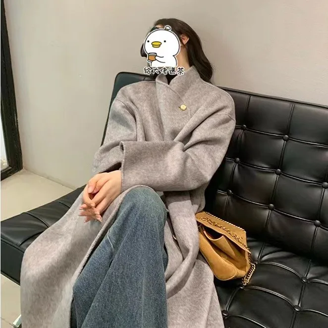 Grey small stand-up collar cashmere double-sided woolen coat women's winter senior sense 2023 new thin wool woolen outside