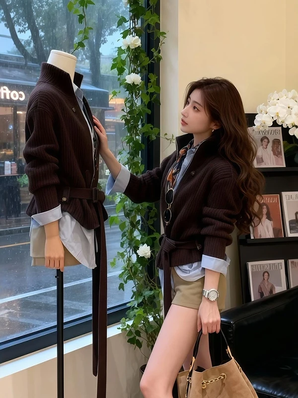 

Корейский вязаный свитер и шорты с высокой талией, комплект из двух предметов, женский модный осенне-зимний комплект с длинными рукавами и воротником-стойкой