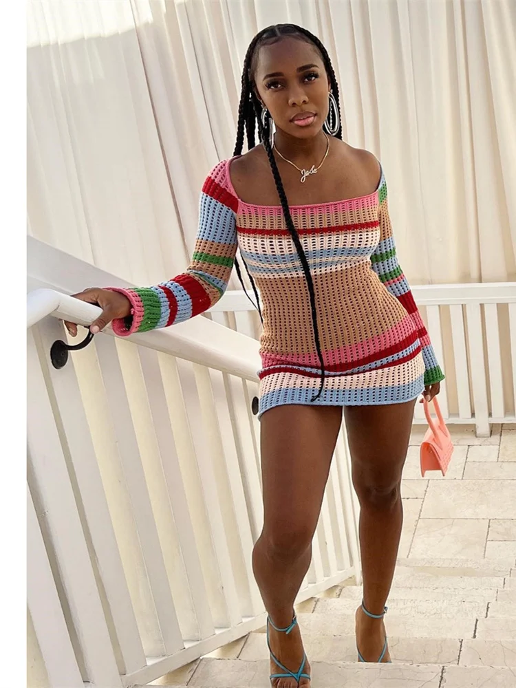 Weird Puss Coloful Knit Women Dress Contrast Color Striped Round Neck Long Sleeve Skinny Autumn Vacation Streetwear Y2K Bodycon