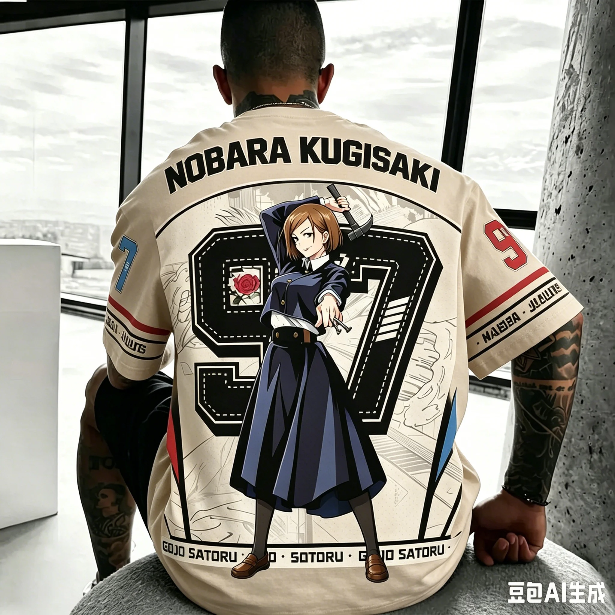 Men Jujutsu Kaisen Nobara Kugisaki 97 Number Graphic T-Shirt Full Back Print Oversized Mesh Y2K Street Anime Fan Daily Outfit view 3
