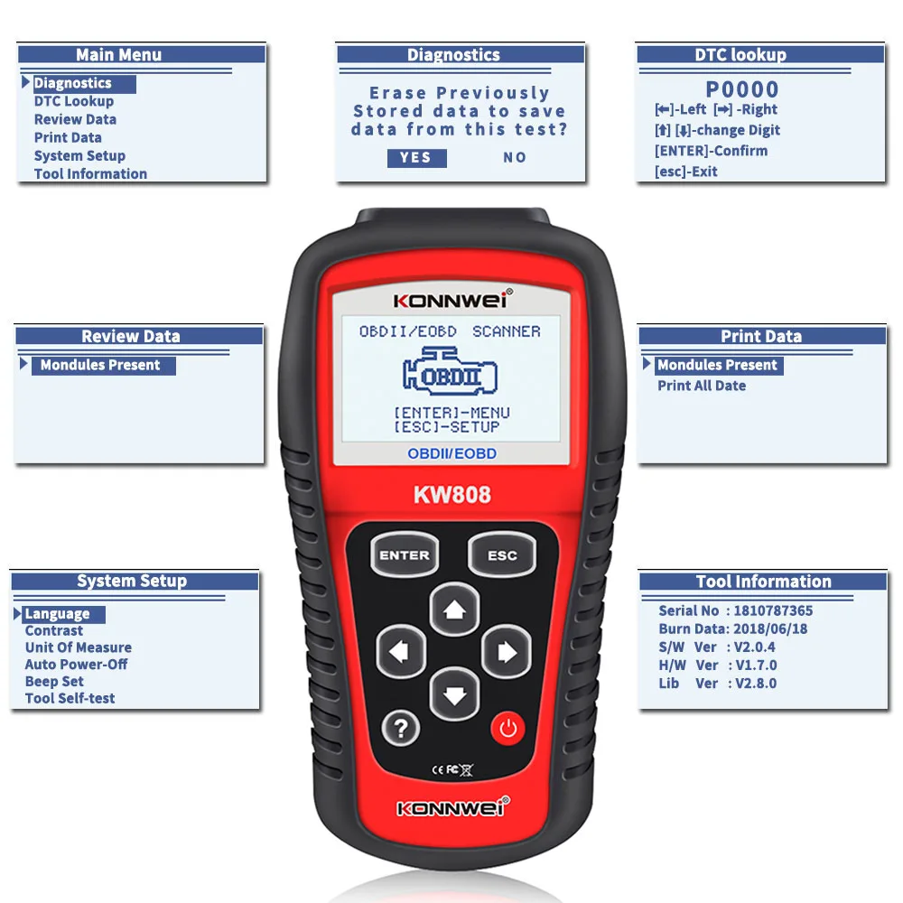 Factory Konnwei KW808 OBD scanner car scanner diagnostic tool for 12V cars EOBD/ OBD2 Code Reader