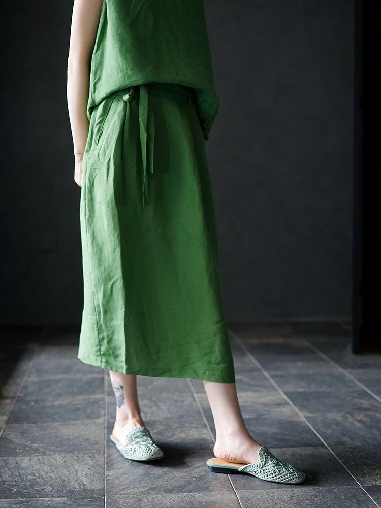 Dopamine Series 451 Green Linen Silk Half Skirt with Belt Texture Sensation Elastic Waist Asymmetrical Casual Style Women's S...