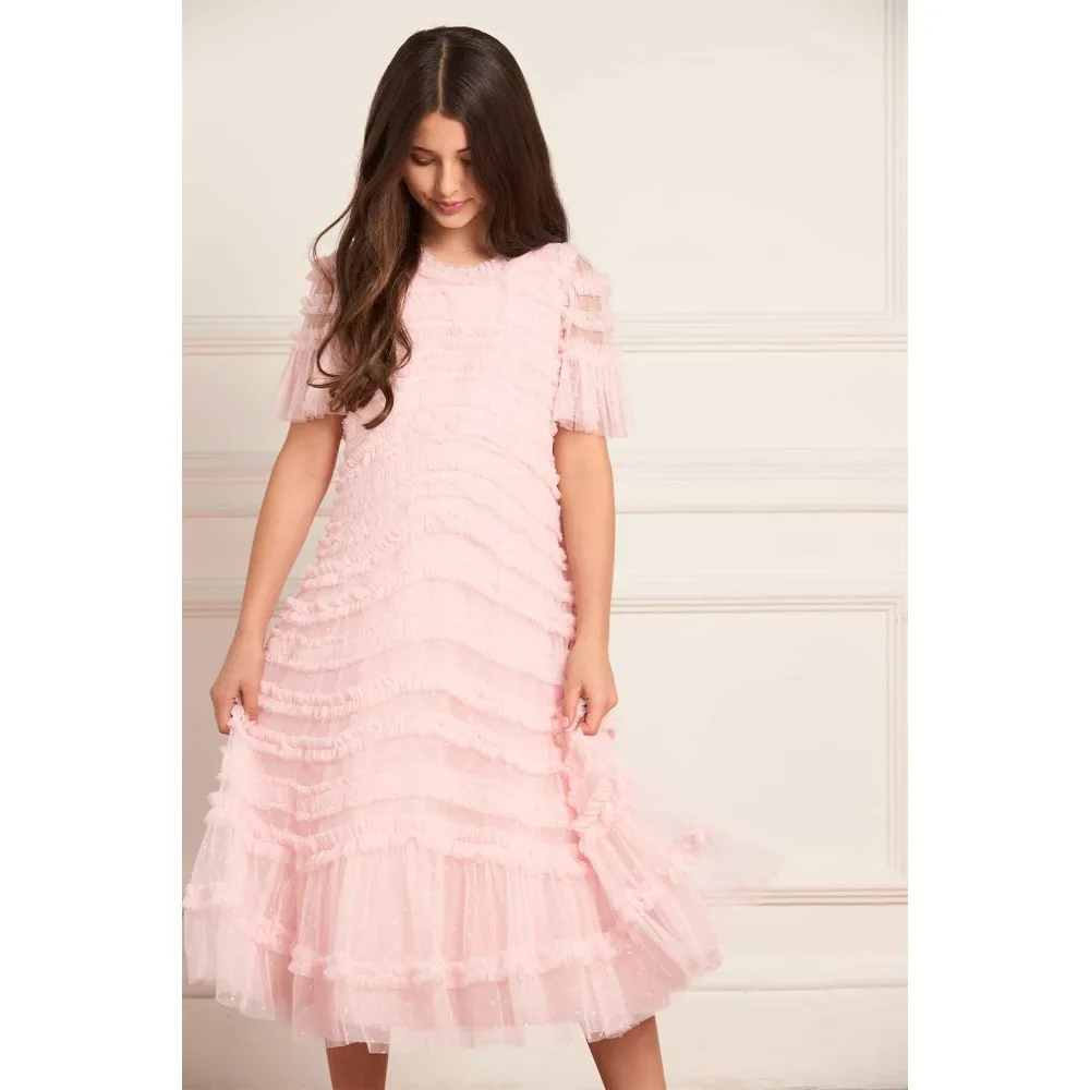 Vestido de Niña con Volantes Personalizado para Boda 2026, Vestido de Fiesta Rosa para Niñas, Vestido Midi de Tul para Cumpleaños, Primera Comunión