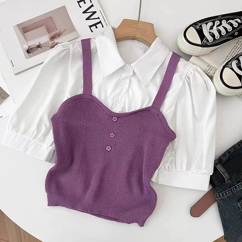 Fake Two Pieces Knitting Sling Patchwork Polo-Neck Sweet Cute Shirt Korean Slim Short Puff Sleeve Fake Single Breasted Pullovers