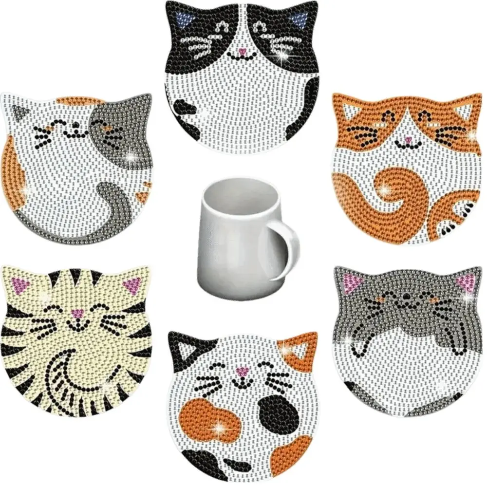 

Cat Pattern Rhinestone Coaster 6 Pieces Set Including Stand Handmade Placemats Non-slip Crystal Artificial Diamond