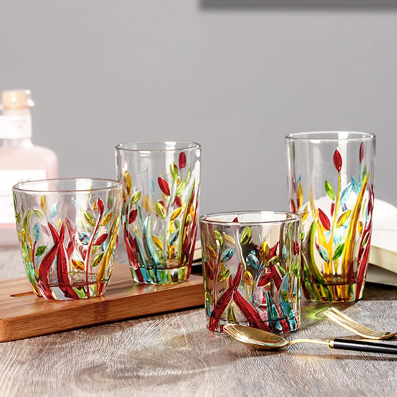 

Modern minimalist painted glass cups with high aesthetic value, creative hand drawn water cups, beverage cups, fruit juice cups