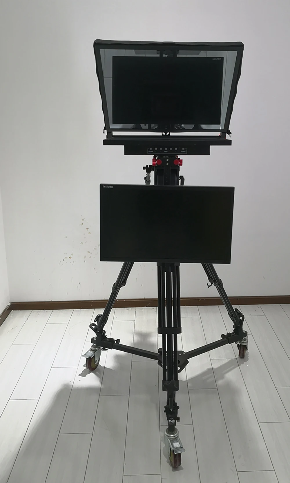 TS-T110/22D Teleprompter di trasmissione a doppio schermo da 22" con treppiede con rotelle su fotocamera da studio software in vetro temperato