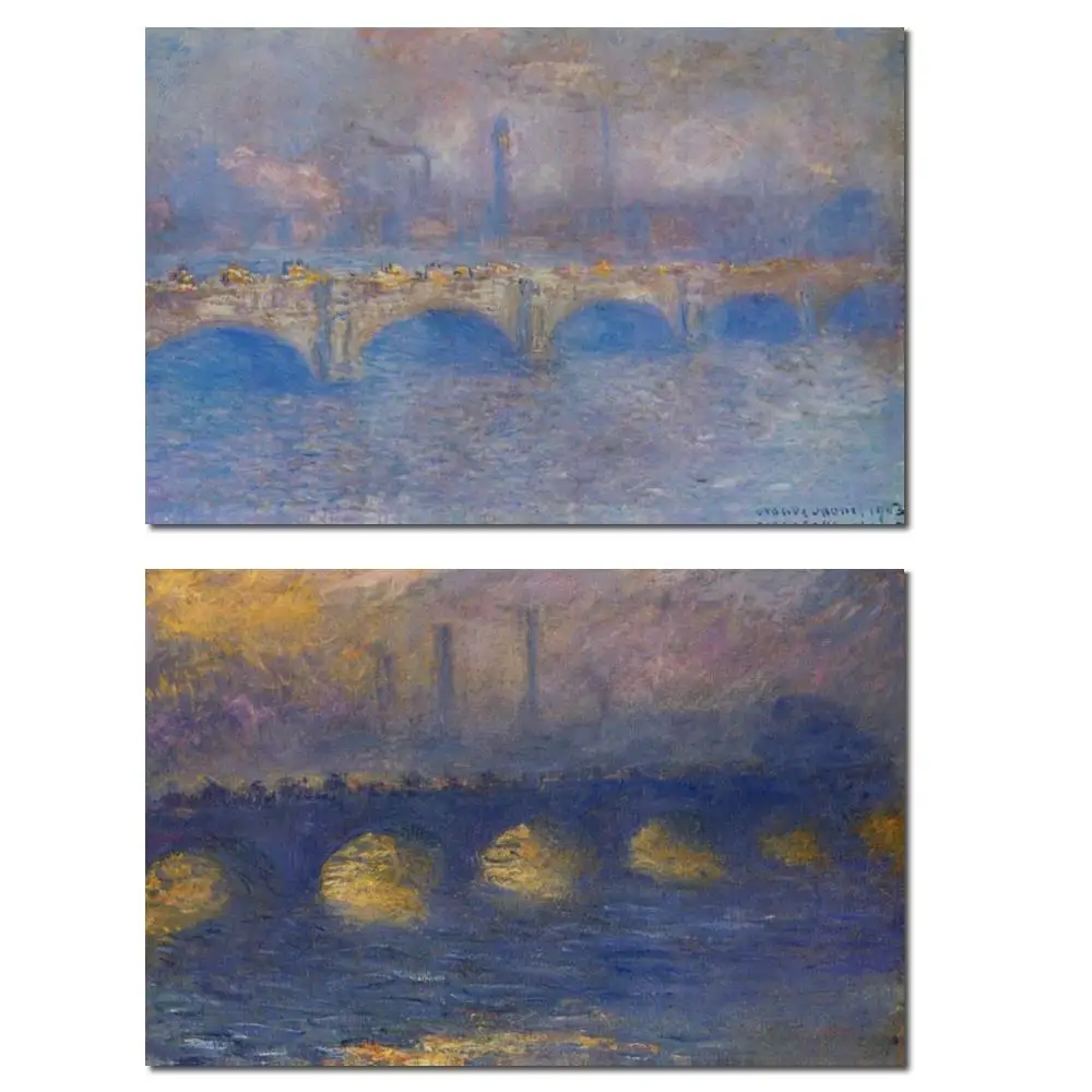 Tamanho pequeno óleo sobre tela claude monet waterloo ponte efeito luz solar imagem artesanal paisagem para escritório biblioteca decoração da parede