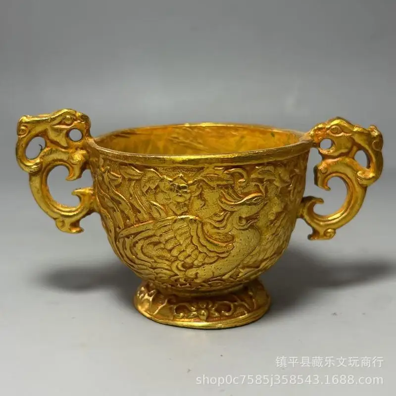 Gilt-Plated Longevity Pattern Goblet, Tang Dynasty Royal-Used Double Dragon Birthday Celebration Wine Cup Ornament