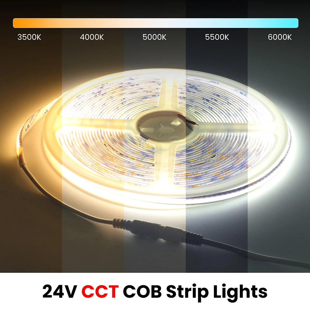 DC 24V CCT COB LED High Density 480LEDs/M Strip Light Flexible Tape RA90 3000K to 6000K Linear Lighting 8mm Width Home Decor