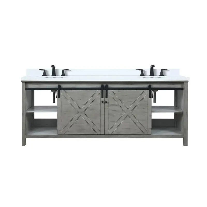 84 in. W Double Bath Vanity with Ash Grey Finish, 22 in. D, White Quartz Countertop & Faucet Set