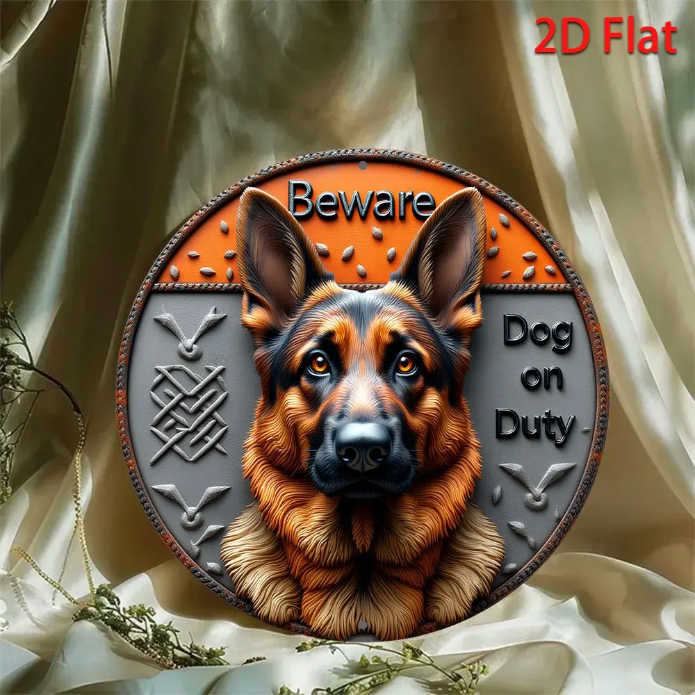 2D Flat, 1pc 2D Flat Print Metal Iron Sign, 1pc German Shepherd Dog on Duty 2D Metal Sign – 8-Inch Round Wall Art with 