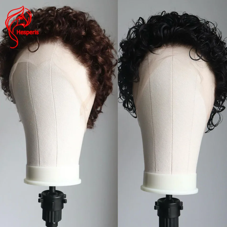 Hesperis Brown Curly Full Lace Human Hair Wigs Brazilian Remy Pixie Cut Curly Bob Full Lace Men's Wig  Short Curl Boy Wig