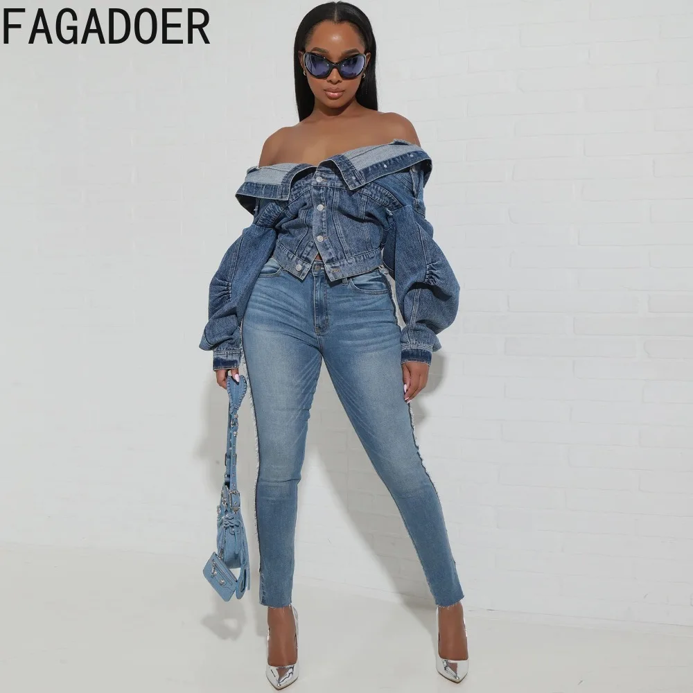 Fagadoer blau Vintage Mode Y2k Denim Mäntel Frauen Turndown Kragen Langarm Slim Crop Top Herbst Dame Cowboy passende Jacke