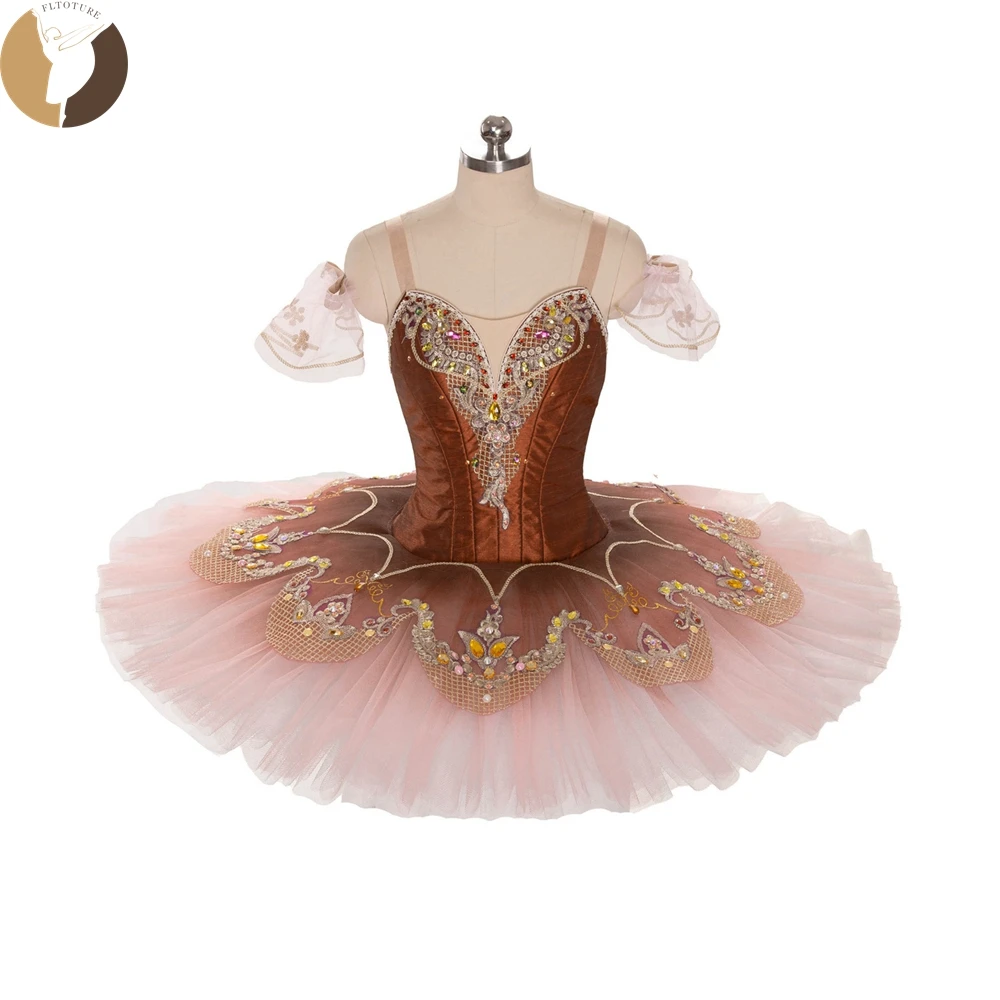Fltoture adulto clássico marrom panqueca prato saia bailarina trajes de balé feitos sob encomenda para a variação de esmeralda de balé