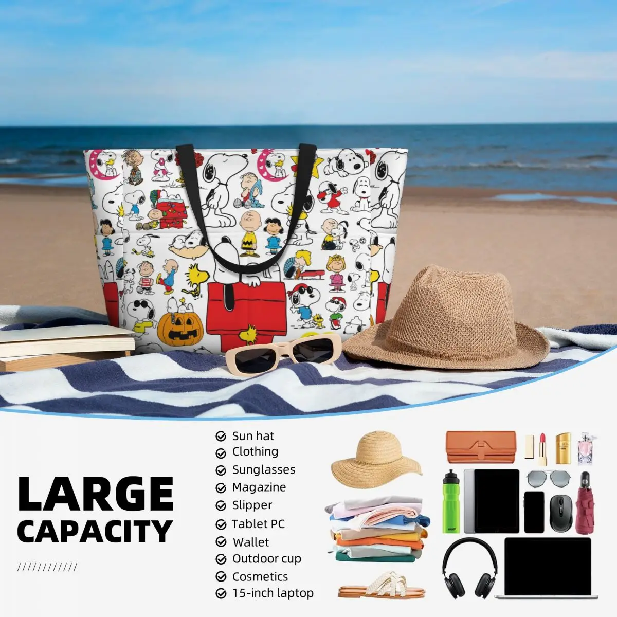 Niestandardowe komiksy Snoopy Collage Beach Tote Bag Women Cartoon Big Compartment Beach Gym Travel Bags