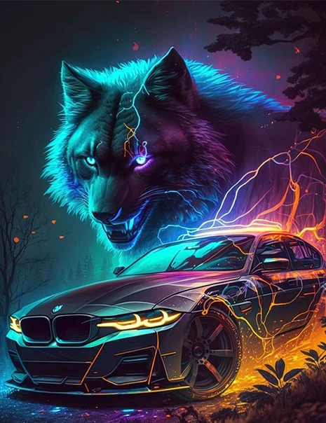 Autos und Wolf 5D DIY Vollquadratisches und rundes Diamant-Malerei-Set, Mosaik-Kunst, Heimdekoration, Geschenk, rahmenlos