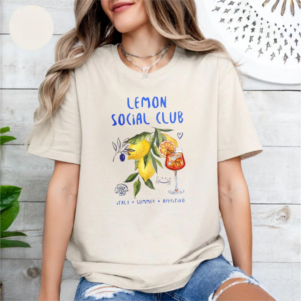 Camiseta con gráfico de acuarela de Lemon Social Club, diseño italiano de aperitivo, para mujer, de verano, con estampado de cóctel cítrico, de algodón, estilo europeo, para vacaciones