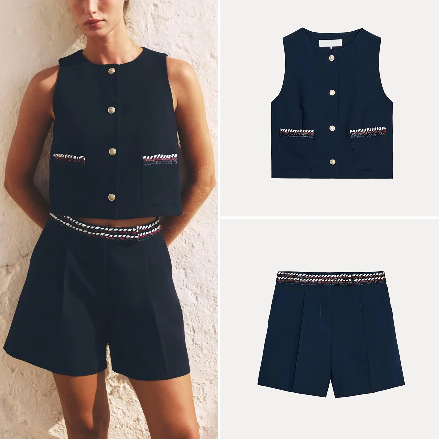 Z 2025 Verano Nuevo Conjunto de Moda para Mujeres Ceco y Plones Cortos Cuello Redondo Manga Corta Estilo de Cierr...