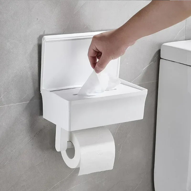 2 In 1 Home Adhesive Toilet Paper Holder Box with Shelf and Storage Box Wall Mount Toilet Paper Roll Box